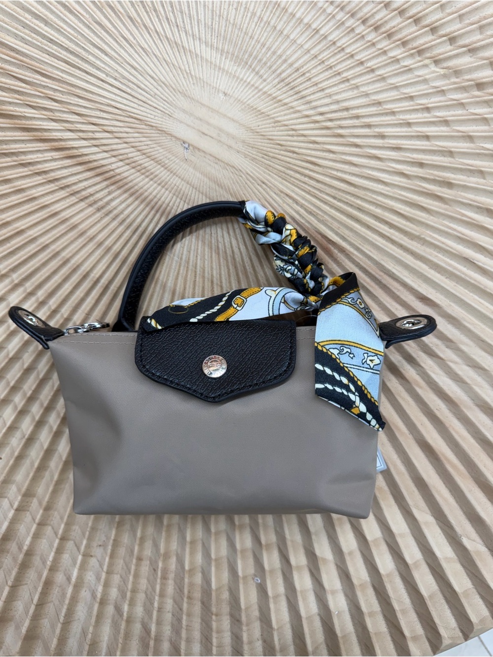 Taupe and Black Women's Top-Handle Bag with Decorative Scarf